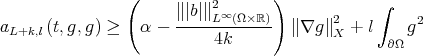                (                  )                       ∥∣b∣∥2∞                   ∫ aL+k,l(t,g,g) ≥   α -  ----L--(Ω-×ℝ)  ∥∇g ∥2X +  l    g2                           4k                    ∂Ω 